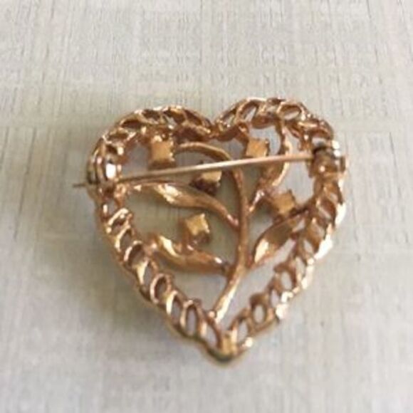 Valentine's Galentines Gold heart pin with rhinestones Vintage - Picture 2 of 3